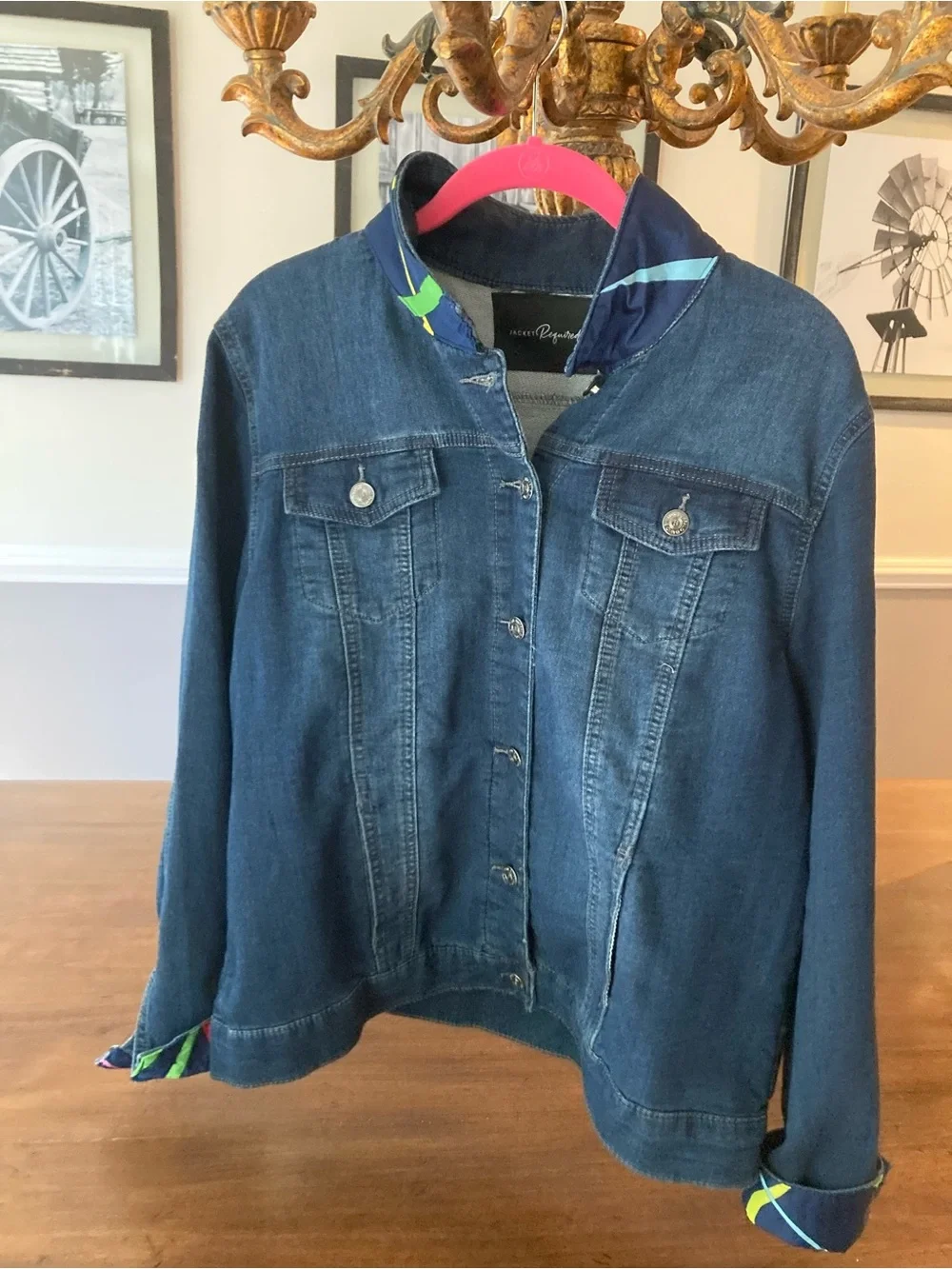 Denim Jacket with Bright Multicolor scarf Back Panel, cuffs and collar. - Picture 2 of 4